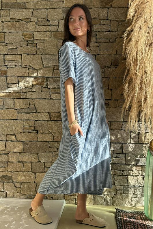 Salcombe Chalk Stripe Cotton Cocoon Dress Denim